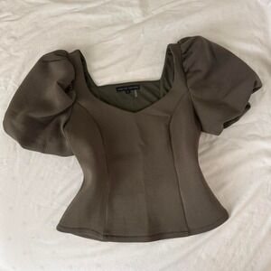 Olive green English Factory fitted blouse with puff shoulders